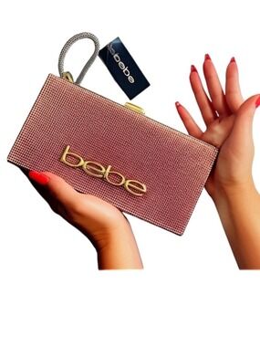 BEBE Crystal Pink BETTY RECTANGLE Box Clutch with Gold Hardware NWT
